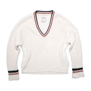Abercrombie & Fitch Sweater Womens Large Cream Cable Knit V-Neck Cotton Preppy